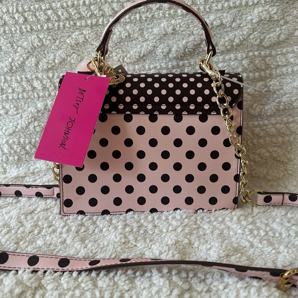 Betsey Johnson Polka Dot Bow Top Handle Crossbody Purse w/ Fluffy Pink Heart - Picture 4 of 5